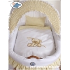 Bettwäsche für Stubenwagen Set 2-tlg  mit Stickerei Bär mit Schleife Weiß-Beige