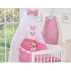 Bettwäsche Set Babybett 7-tlg mit Moskitonetz - Hängende Herzen dunkel rosa kariert