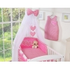 Bettwäsche Set Babybett 7-tlg mit Moskitonetz - Hängende Herzen dunkel rosa kariert