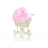 Creme Weide Puppenwagen Bettwäsche Rosa Kariert  Rattangeflecht