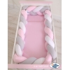 Bettschlange Geflochten Bettumrandung für Babybett XXL Extra groß - weiß - grau-rosa