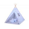 MINI Set: Teepee Kinderspiel-Zelt mit Spielmatte und Schmuckfedern GRATIS! - blaue Sternen/grau