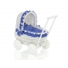 Puppenwagen aus echtem Holz und Weide Weiß Bettwäsche Marineblau Punktmuster nr 71701-380