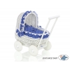 Puppenwagen aus echtem Holz und Weide Weiß Bettwäsche Marineblau Punktmuster nr 71701-380