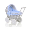 Puppenwagen aus Grau Weide Bettwäsche Blau mit Weiß Punktmuster nr 61702-588