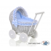 Puppenwagen aus Grau Weide Bettwäsche Blau mit Weiß Punktmuster nr 61702-588