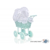 Puppenwagen Minze Weidengeflecht Bettwäsche Weiß mit Marineblau Punktemuster 21699-727