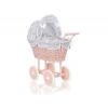 Puppenwagen Puderrosa Rattan Weide Bettwäsche Grau Kariert nr 11699-619