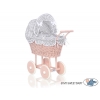 Puppenwagen Puderrosa Rattan Weide Bettwäsche Grau Kariert nr 11699-619