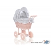 Puppenwagen aus Rattan  Puderrosa Weide mit Puppen Bettwäsche Grau mit Weiß Punktmuster nr 11699-535