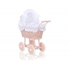 Puppenwagen Rattan und Holz Puderrosa  mit Puppen Bettwäsche Weiß mit Stickerei nr 11699-906