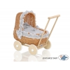 Puppenwagen Vintage Holz und Weide Bettwäsche Grau Weiß-Punktemuster nr 1701-535