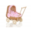 Puppenwagen Vintage Holz und Weide Bettwäsche Rosa Weiß-Punktemuster nr 1701-530