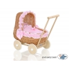 Puppenwagen Vintage Holz und Weide Bettwäsche Rosa Weiß-Punktemuster nr 1701-530