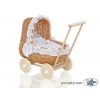 Puppenwagen Vintage Holz und Weide Bettwäsche Weiß Marineblau-Punktemuster nr 1701-727