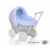 Puppenwagen Weide Grau Bettwäsche Blau mit Weiß Punktmuster nr 61703-588