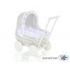 Retropuppenwagen aus echtem Holz und Weide Weiß Weiß mit Stickerei nr 71701-906