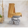 Stubenwagen Holz und Rädern grau mit Karmell Musselin Gold Bettset