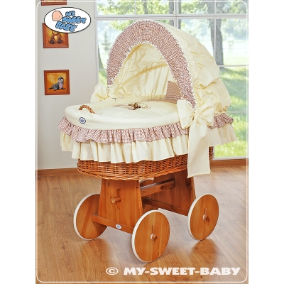 Baby Bollerwagen mit Rollen mit Haube - Bär mit Schleife braun