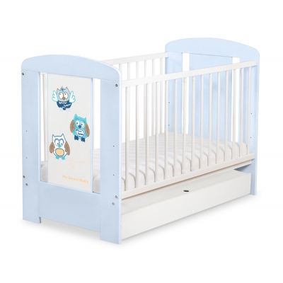 Blau Babybett 120x60cm Eulen mit Schublade STANDARD