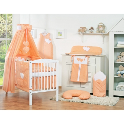 Bettset Baby 11-tlg mit Himmel mit Himmelstange - Hängende Herzen pfirsich