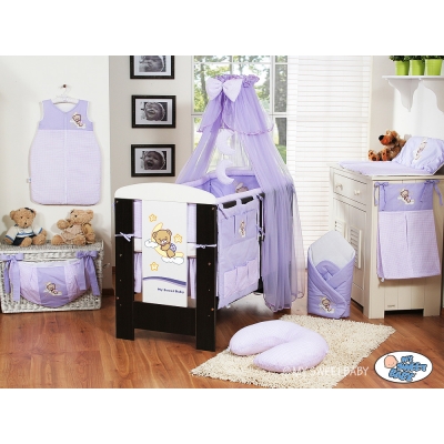 Babybett Bettwäsche Set 11-tlg mit Moskitonetz (L70) - Gute Nacht lila