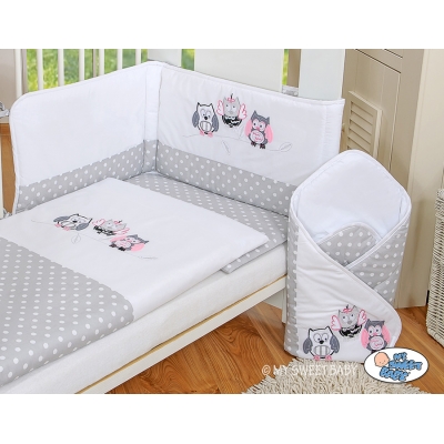 Babybett Bettwäsche Set 2-tlg - Eulen Bigi Zibi & Adele grau-rosa