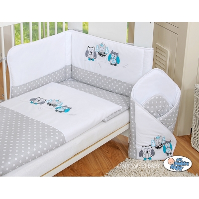 Babybett Bettwäsche Set 2-tlg - Eulen Bigi Zibi & Adele grau-türkis