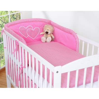 Babybett Bettwäsche Set 2-tlg - Hängende Herzen dunkel rosa kariert