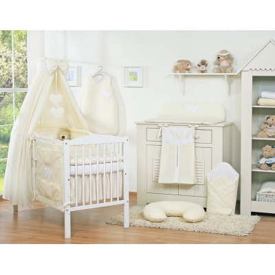 Babybett Bettwäsche Set 7-tlg mit Himmel - Hängende Herzen creme