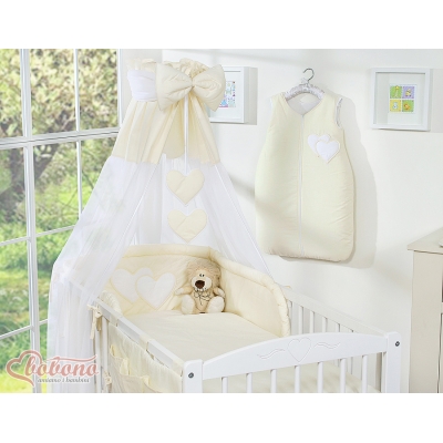 Babybett 140x70 Bettwäsche Set 7-tlg mit Himmel - Hängende Herzen creme
