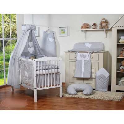Babybett Bettwäsche Set 7-tlg mit Himmel - Hängende Herzen grau