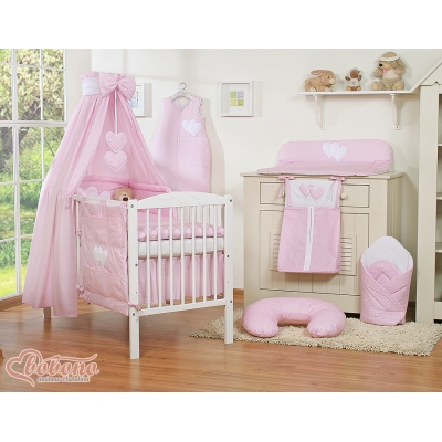 Babybett 100x135 cmBettwäsche Set 7-tlg mit Betthimmel - Hängende Herzen Rosa-Punktemuster