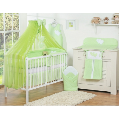 Babybett Bettwäsche Set 7-tlg mit Moskitonetz - Hängende Herzen grün