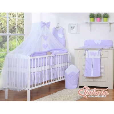 Babybett Bettwäscheset 11-tlg mit Moskitonetz - Hängende Herzen Lila-Punktemuster