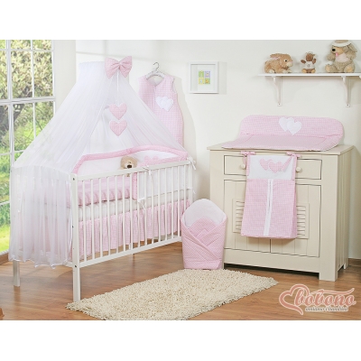 Babybett Bettwäscheset 11-tlg mit Moskitonetz - Hängende Herzen rosa kariert