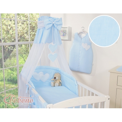 Babybett Himmel aus Chiffon - Hängende Herzen blau gestreift