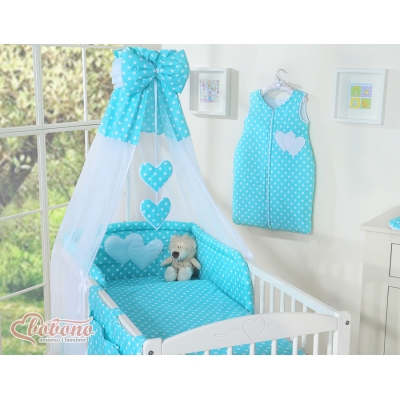 Babybett Himmel aus Chiffon - Hängende Herzen Türkis-Punktemuster