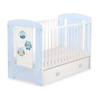 Blau Babybett mit Schublade MAXI 120x60cm Eulen Braun Blau