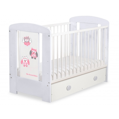 Grau Babybett mit Schublade MAXI 120x60cm Eulen Grau Rosa