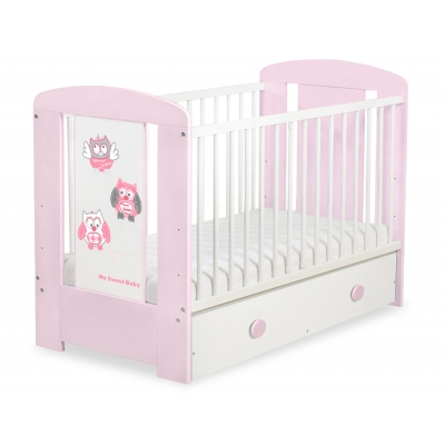 Babybett mit Schublade MAXI 120x60cm Eulen Grau Rosa