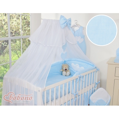Babybett Moskitonetz aus Chiffon - Hängende Herzen blau gestreift