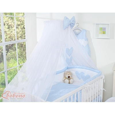 Babybett Moskitonetz aus Chiffon - Hängende Herzen blau kariert