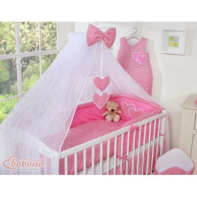 Babybett Moskitonetz aus Chiffon - Hängende Herzen dunkel rosa kariert