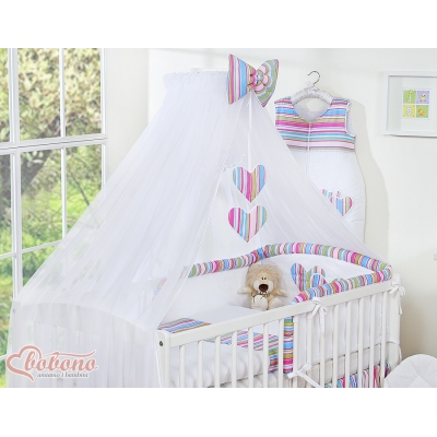 Babybett Moskitonetz aus Chiffon - Hängende Herzen lila gestreift