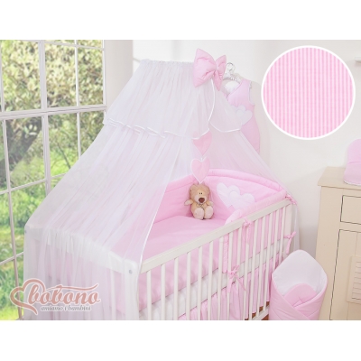 Babybett Moskitonetz aus Chiffon - Hängende Herzen rosa gestreift