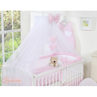 Babybett Moskitonetz aus Chiffon - Hängende Herzen rosa keriert
