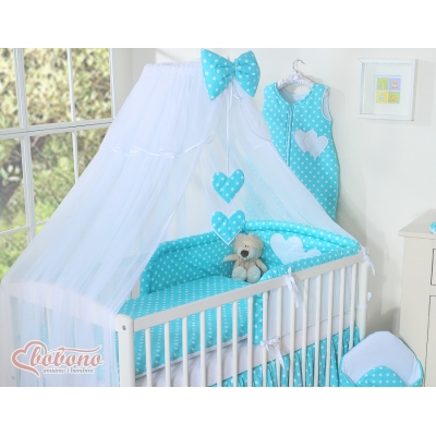 Babybett Moskitonetz aus Chiffon - Hängende Herzen Türkis-Punktemuster