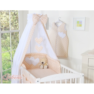 Babybettwäsche Set 5-tlg mit Himmel - Hängende Herzen Beige - Punktemuster