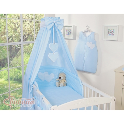 Babybettwäsche Set 5-tlg mit Himmel - Hängende Herzen blau gestreift